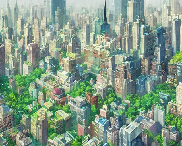 Prompt: a wholesome animation key shot of an overgrown New York, giant skyscrapers, overhead shot, wide shot, architecture, studio Ghibli, Pixar and Disney animation, sharp, very detailed, high resolution, inspired by Hayao Miyazaki, anime key art by Greg Rutkowski, Bloom, dramatic lighting