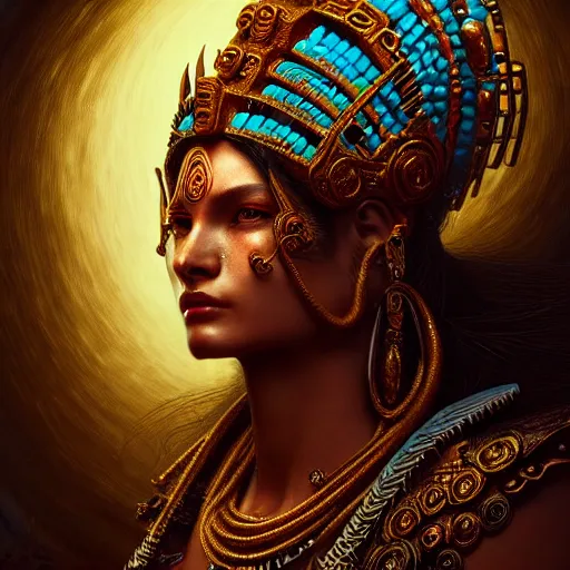 Prompt: mayan goddess , very detailed face, detailed features, fantasy, circuitry, explosion, dramatic, intricate, elegant, highly detailed, digital painting, artstation, concept art, smooth, sharp focus, illustration, art by Gustave Dore, octane render