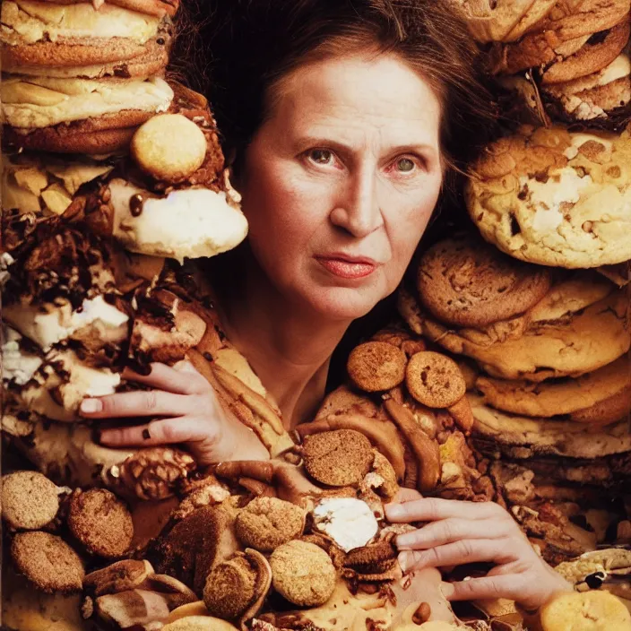 Image similar to closeup portrait of a woman drowning in cakes and cookies, by Annie Leibovitz and Steve McCurry, natural light, detailed face, CANON Eos C300, ƒ1.8, 35mm, 8K, medium-format print