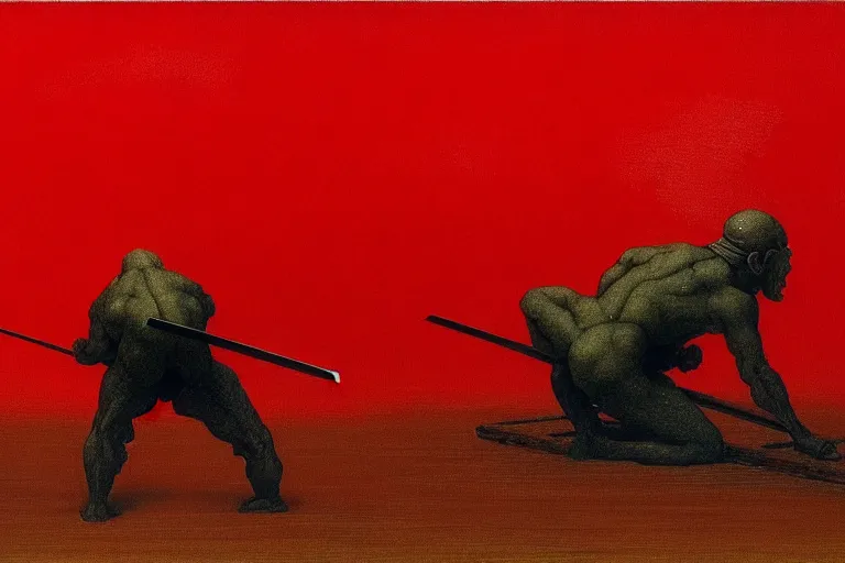 Image similar to only with red, a red samurai do seppuku, tokio, a lot of frogs watch, in the style of beksinski, parts by edward hopper, parts by rodcenko, parts by yue minjun, intricate and epic composition, red by caravaggio, insanely quality, highly detailed, masterpiece, red light, artstation, 4 k