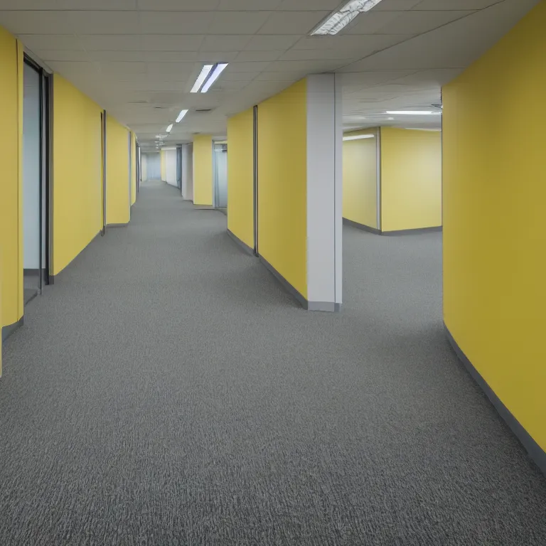 Image similar to liminal abandoned office hallways with walls and carpeting with a monochromatic tone of pale yellow, fluorescent lights, pale yellow walls, pale yellow carpet flooring, european office