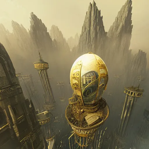 Image similar to enormous flying city in a faberge egg, sky, steampunk, fantasy art, masterpiece, hugh ferriss, unreal engine 5, peder balke