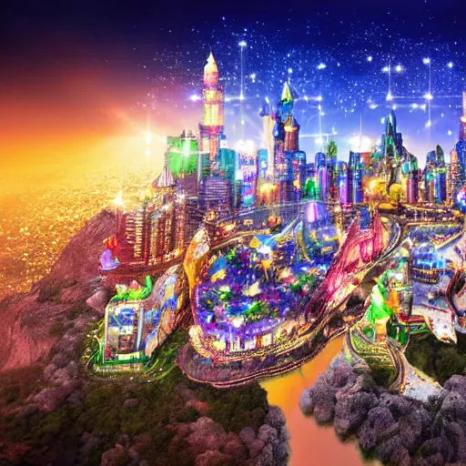 Image similar to fantasy city with glittering jewels, birds eye view