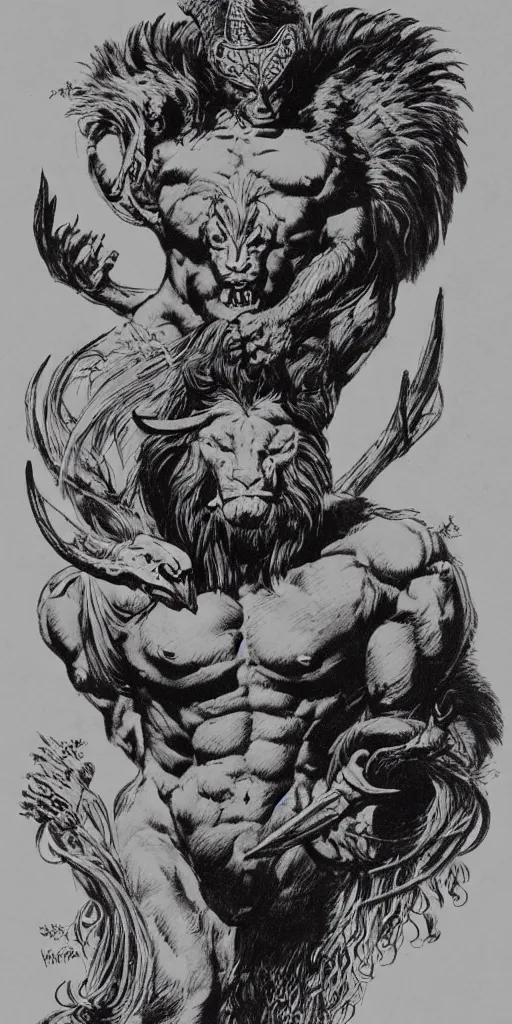 Image similar to a creature with the body and eyes of a man, with the beak of an eagle, the mane of a lion, and the horns of an ox. drawn by frank frazetta