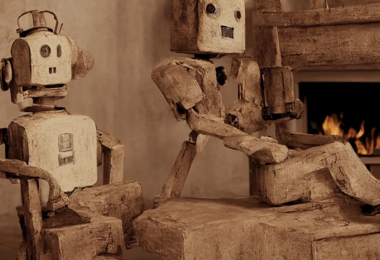 Image similar to An intimate extreme closeup photograph of one lonely robot sitting on a frayed recliner in front of a single beautiful fireplace in a Victorian home