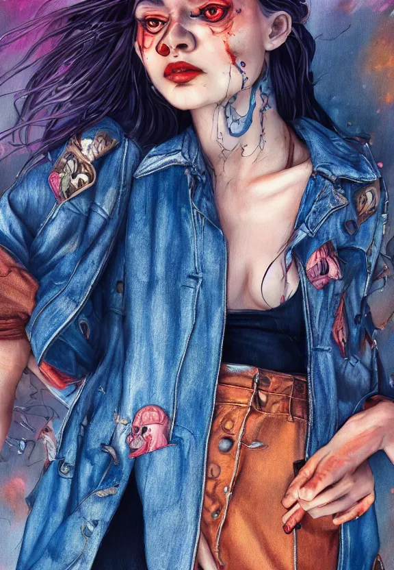 Prompt: full body illustration of a girl with eyes that burn like cigarettes wearing a denim mini skirt and a long jacket with fingernails that shine like justice, dramatic lighting, photorealistic, full body portrait, detailed anatomy, extreme detail, 4 k, colorful, confident, artgerm and ben lo and mucha, octane render, detailed face, f / 2. 8