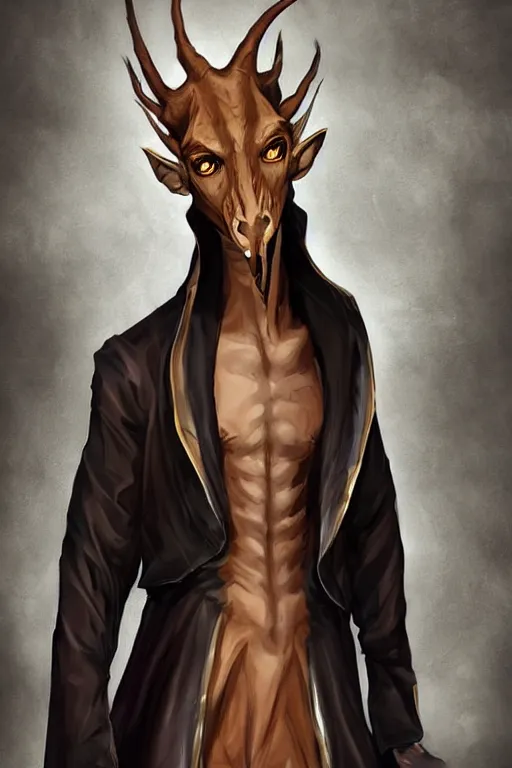 Image similar to beautiful full body portrait of a human - giraffe hybrid male wizard, scaley!! black onyx skin, wearing a robe, by wlop and artgerm, steampunk fiction, detailed deep black eyes, space background, trending, on artstation.