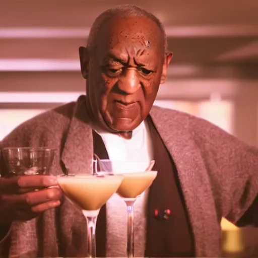 Image similar to Bill Cosby as a mixologist, cinematic lighting, dramatic, octane render, long lens, shallow depth of field, bokeh, anamorphic lens flare, 8k, hyper detailed, 35mm film grain