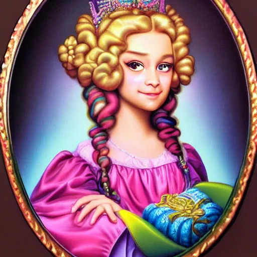 Prompt: baroque rococo pastel beautiful magical princess Greg Hildebrandt Lisa frank portrait