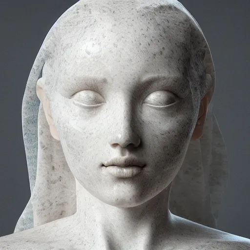 Image similar to “a delicate marble sculpture dramatic portrait of a woman covered with water veil, highly detailed marble cloth, gi, global illumination, physically based rendering, photorealistic, top light, dark background”