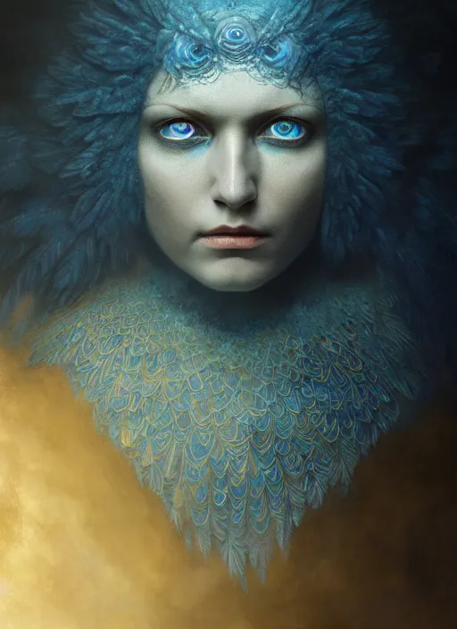 Image similar to Her huge ominous glowing blue eyes staring into my soul , perfect eyes, agostino arrivabene, WLOP, Tomasz strzalkowski, 8k portrait render, raven angel wings, beautiful lighting, dark fantasy art, rococo, gold filigree, cgsociety