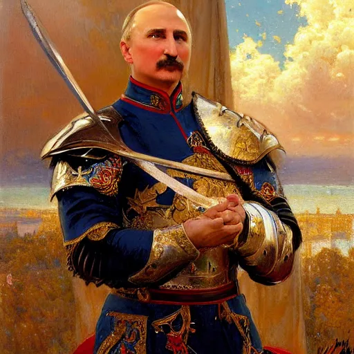 Image similar to attractive fully clothed alexander lukashenko confesses his love for his attractive fully clothed vladimir putin knight. highly detailed painting by gaston bussiere and j. c. leyendecker 8 k