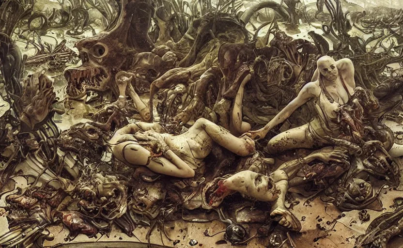 Prompt: renaissance grotesque painting of ovni crash swamp wasteland, landfill, alien corpses on the floor, elegant artwork by lee bermejo and greg rutkowski and alphonse mucha