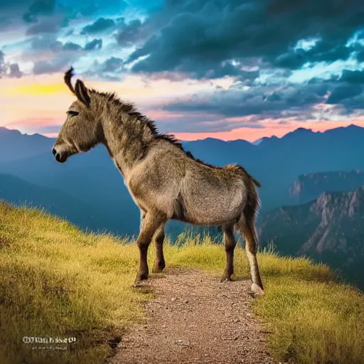 Prompt: an amazing portrait of a donkey on a slim rocky path at the edge of a cliff, rocky mountains in the background, sunset sky, wild life photography, national geographic, award winning, cinematic lighting, highly detailed