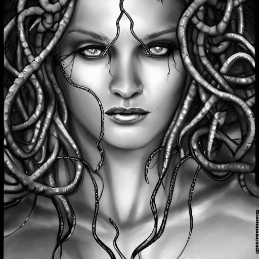 Prompt: medusa portrait painting, black and white,, wicked smile, artstation, detailed, blurred background