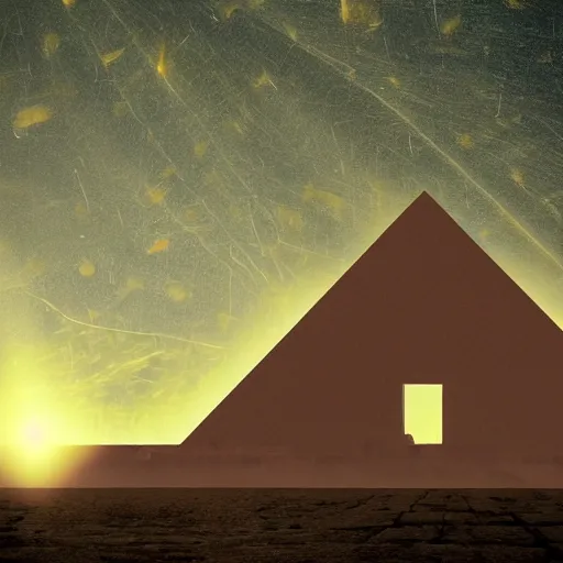 Prompt: high - detailed photographs glowing sun inside a golden architecture pyramid triangle front view axial dark sky, cinematic scene