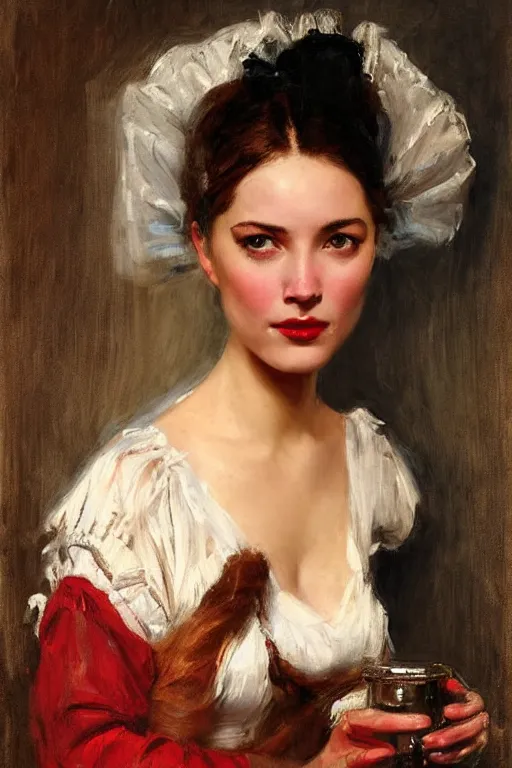 Prompt: Solomon Joseph Solomon and Richard Schmid and Jeremy Lipking victorian genre painting full length portrait painting of a young beautiful woman traditional german french Gene Tierney barmaid in fantasy costume, red background