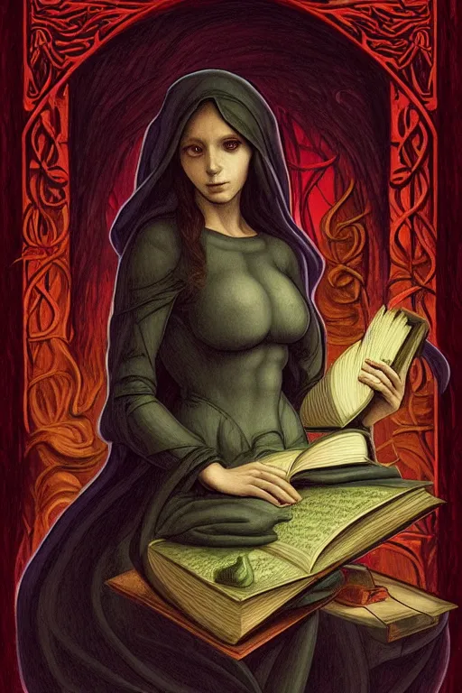 Image similar to raphael illustration of romantic girl, her cat and her book of necronomicon, symmetrical, cinematic, sharp focus, 4 k, ultra hd, sense of awe, sinister demonic atmosphere, dreadful, forbidden knowledge, old gods, cthulhu, yog - sothoth! yah, yah, yah! cultist journal cover