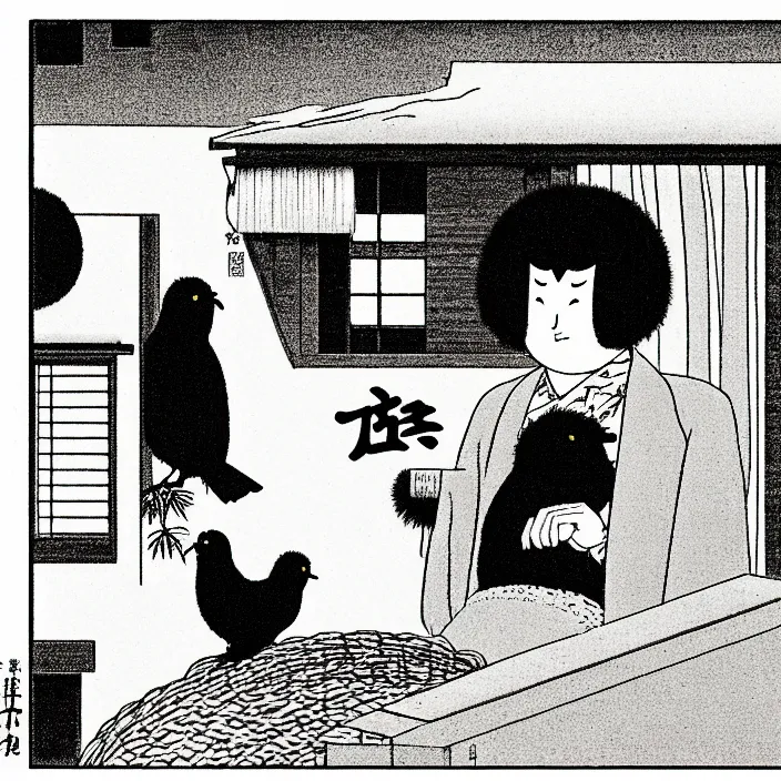 Prompt: a still frame from comic strip, black fluffy hairy bird 1 9 5 0, hasui kawase, new yorker illustration, monochrome bw, lineart, manga, tadanori yokoo, simplified,