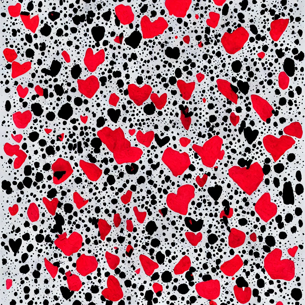 Prompt: camo made of strawberries, smiling, abstract, rei kawakubo artwork, cryptic, dots, stipple, lines, splotch, color tearing, pitch bending, color splotches, hearts, dark, ominous, eerie, minimal, points, technical, old painting