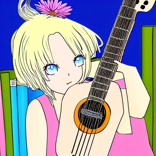 Prompt: a protrait of a blonde woman with a long, blue dress, blue eyes and a pink daisy in her hair sitting in a library playing guitar, anime style