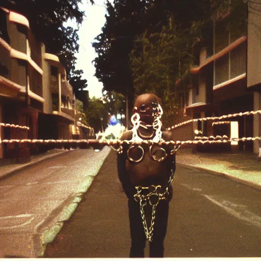 Image similar to 1 9 9 3, disposable camera, flash, suburbia street, cenobites walking, chains, leather, nails