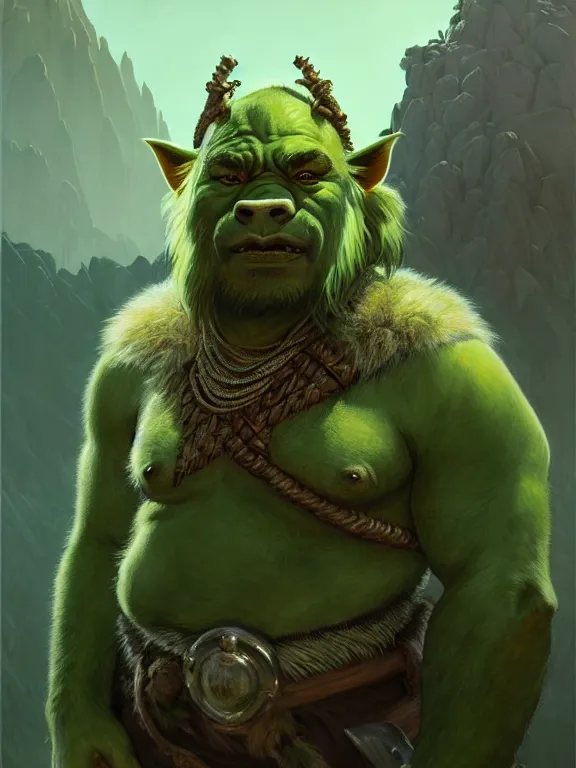 Prompt: portrait of a green mountain orc, looking at camera, d & d, savage warrior, fur attire, aztec hair, pig noses, intricate, fantasy, extremely detailed, digital painting, artstation, concept art, smooth, sharp focus, illustration, ambient lighting, art by artgerm and greg rutkowski and alphonse mucha and simon stalenhag