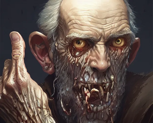 Prompt: old man turning into a zombie, deep focus, d & d, fantasy, intricate, elegant, highly detailed, digital painting, artstation, concept art, matte, sharp focus, illustration, hearthstone, art by artgerm and greg rutkowski and alphonse mucha
