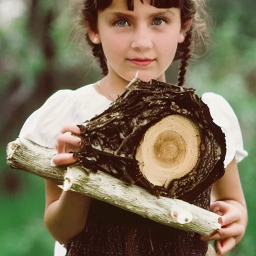 Image similar to a young girl with short brown hair wearing a white dress and holding a bundle of firewood, high resolution film still