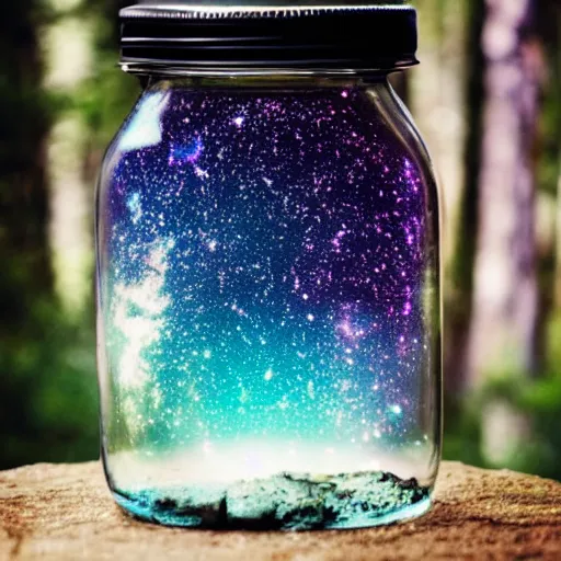 Prompt: galaxies contained in a jar in a forest