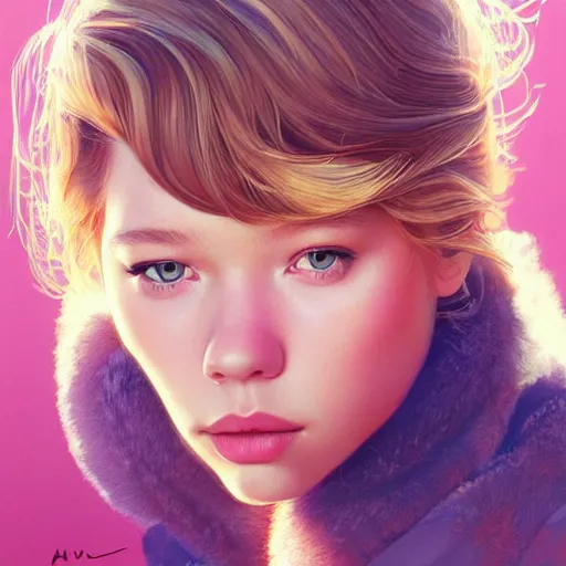Image similar to a beautiful scenic painting of a beautiful young girl that looks like lea seydoux by artgerm and wlop and wes anderson and spike jonze