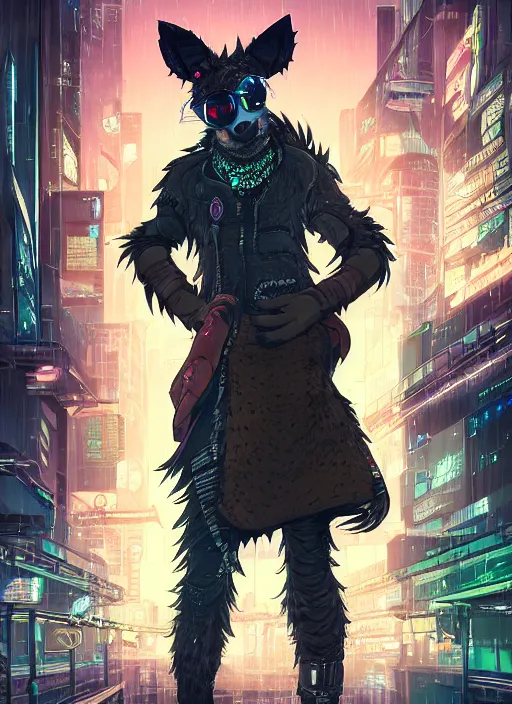 Image similar to character portrait of a male anthro hyena fursona with a tail and a cute beautiful attractive detailed furry face wearing stylish cyberpunk clothes in a cyberpunk city at night while it rains. hidari, color page, tankoban, 4K, tone mapping, Akihiko Yoshida. Nomax, Kenket, Rukis. comic book style, photorealistic, professional lighting, hyperdetailed, high resolution, high quality, dramatic, deviantart, artstation, 4k, real photo