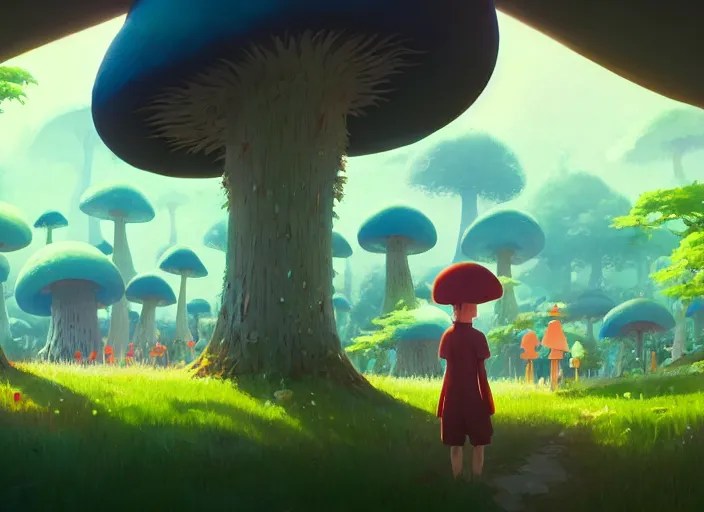 Image similar to giant mushroom forest, detailed, cory loftis, james gilleard, atey ghailan, makoto shinkai, goro fujita, studio ghibli, rim light, exquisite lighting, clear focus, very coherent, plain background, soft painting