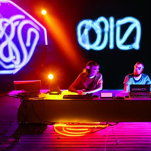 Prompt: live coding duo on a neon lit stage with code projected behind their back, rave scene, underground Berlin, press photography