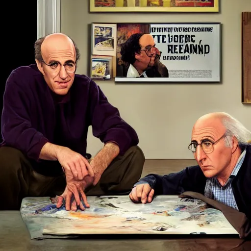 Prompt: Live Action Oil Painting of a Poster of Young Jerry Seinfeld and Larry David in Breaking Bad, real life, hyperrealistic, ultra realistic, realistic, highly detailed, detailed, very detailed, cool, ultra detailed, very realistic, trending on artstation, epic, HD quality, 8k resolution, body and headshot, film still, real, detailed faces, very detailed faces, real life, poster