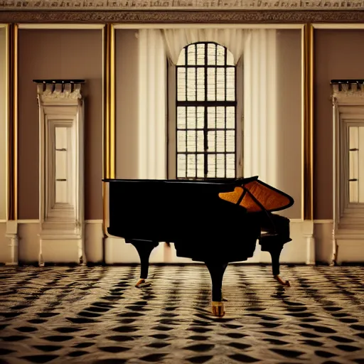 Image similar to interior of a beautiful an mid century british mansion hall, fully furnished, soft lighting, close up of an elegant victorian lady playing a grand piano at the hall. ultra realistic, ultra detailed, cinematic composition and lighting