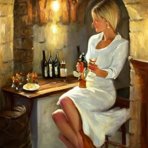 Prompt: wine cellar full of food, torches on the wall, schnapps!, romantic, inviting, cozy, blonde! woman, painting Vladimir Volegov