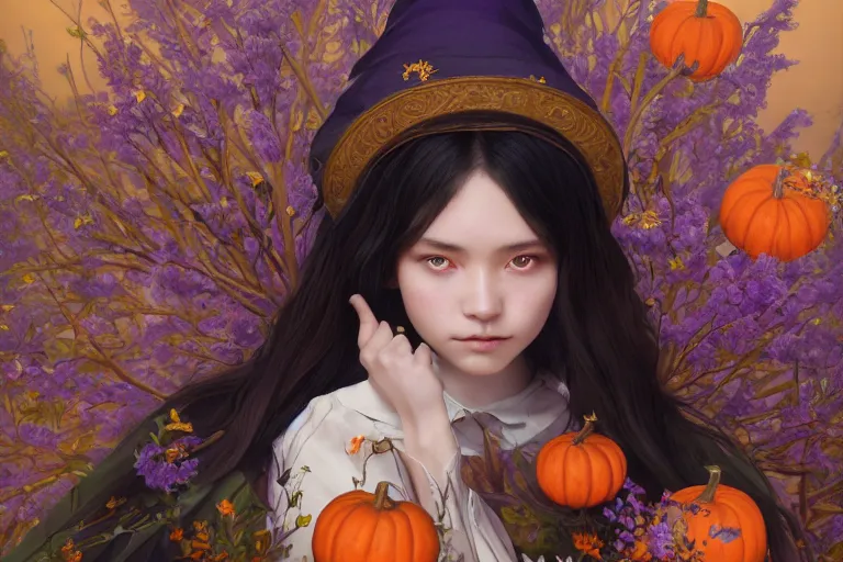 Image similar to breathtaking detailed concept art painting of a young witch, orthodox saint, with piercing purple eyes, ornate background, amalgamation of pumpkins and flowers, by Hsiao-Ron Cheng, James jean, Miho Hirano, Hayao Miyazaki, extremely moody lighting, 8K