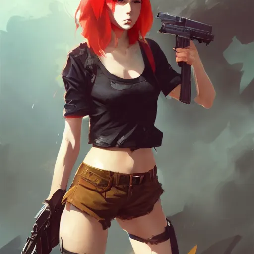 Image similar to A redheaded girl wearing a crop top, shorts and wielding a gun, character design by charles bowater,greg rutkowski,ross tran,hyperdetailed,hyperrealistic,4k,deviantart,artstation,professional photography,concept art, anime