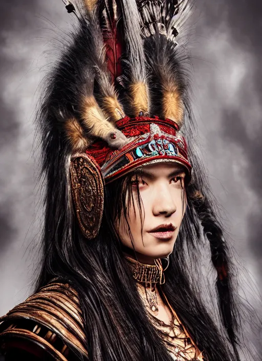 Image similar to hyper detailed image of an Redskin warrior princess wearing a headdress, intricate, elegant, long black hair, hd, 8k, muted colors,