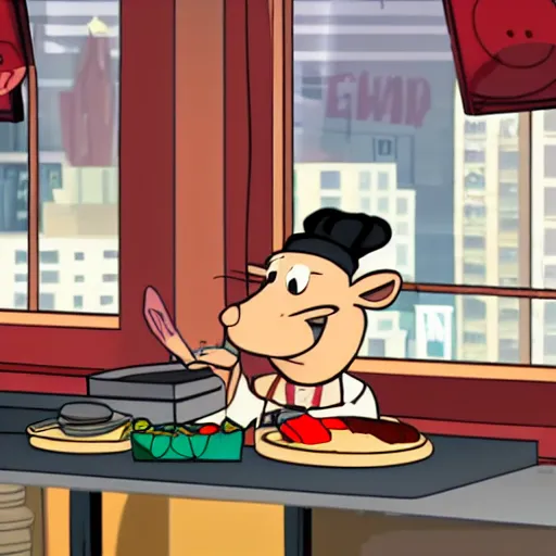 Image similar to A rat working as a chef in a run down New York City diner, Animated Still