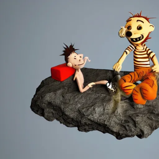 Image similar to Calvin and Hobbes as depressed, sick and dirty homeless adults on crack rock drugs, octane render, sculpture, concept art