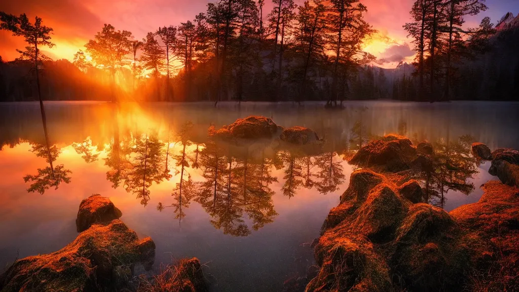 Prompt: amazing landscape photo of a forest with lake in sunset by marc adamus, beautiful dramatic lighting