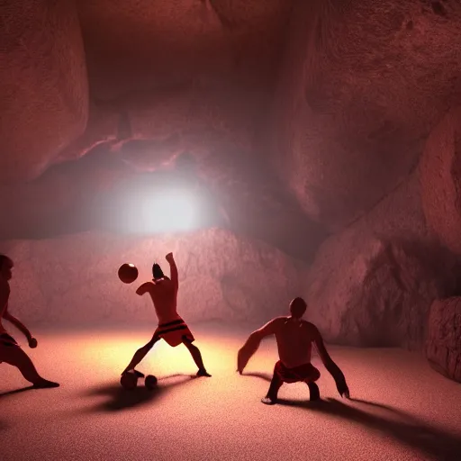 Prompt: octane render of cavemen playing basketball inside cave at night, cave lit by torch light, stalagmites