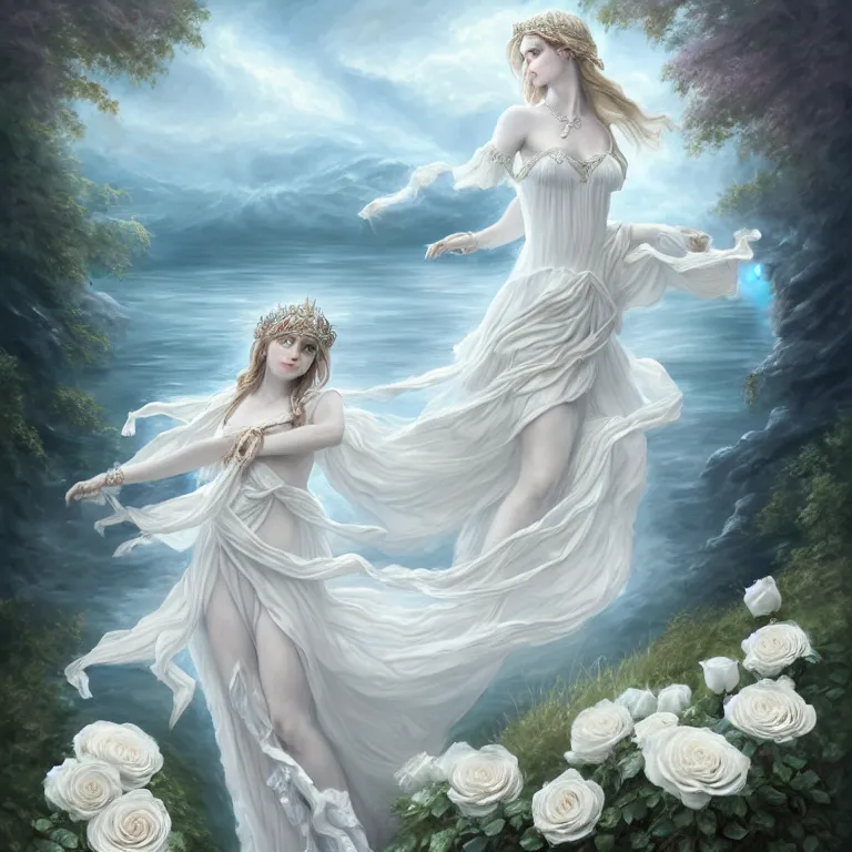 Prompt: meredit frampton style : the goddess of the lake with a large magnificent vaporous wrapped hight decorated, detailed, white roses organze cotton dress, highly detailed, d & d, water everwhere fantasy, highly detailed, digital painting, trending on artstation, concept art, sharp focus, global illumination, ray tracing, illustration, art by artgerm, fine art