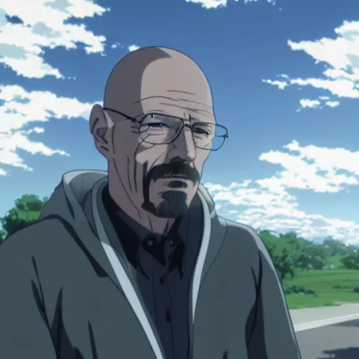 Image similar to portrait of walter white, screenshot from an anime, makoto shinkai
