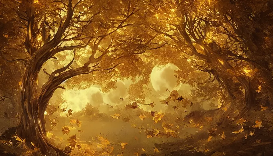 Prompt: golden leaves at frame border, creative!!! composition for a book cover!!!, absurdly beautiful, ultrafine hyperrealistic detailed moon by wlop and artgerm and greg rutkowski, intricate linework, sharp focus, smooth, octopath traveler, final fantasy, unreal engine, dramatic lighting, ethereal, 8 k