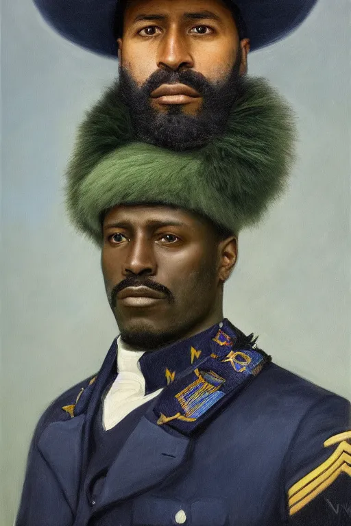 Prompt: facial portrait of the dictator of the minnesota timberwolves, 1 8 8 9, in full military garb, midnight blue, aurora green, lake blue, moonlight grey, kevin garnett, oil on canvas by william sidney mount, trending on artstation