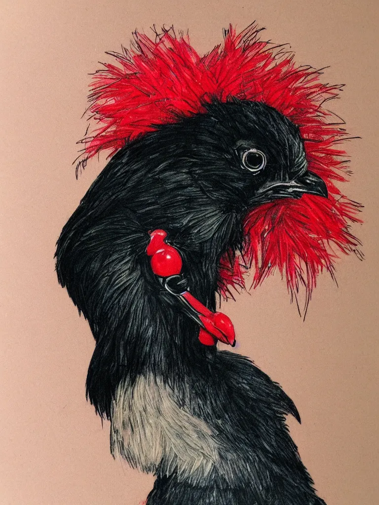 Image similar to close up portrait of a cute Black Chicken with a red comb, smoking, cybercannabis vibes, style of tattoo by Norman Rockwell