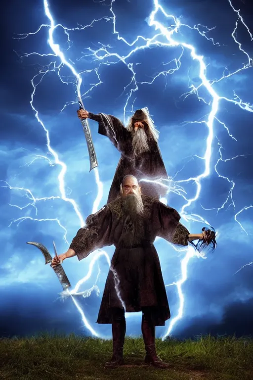 Prompt: wizard holding a sword that’s getting shocked by lightning towards the sky